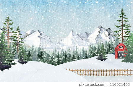 Winter season countryside landscape with forest and small house during snowfall. Vintage style illustration. Winter wonderland landscape scene with mountain range, coniferous forest, cozy home Winter season countryside landscape with forest and small house during snowfall. Vintage style illustration. Winter wonderland landscape scene with mountain range, coniferous forest, cozy home 116921403