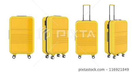 Set of yellow luggages in various angles isolated on white 116921849