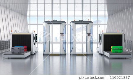 Airport security checkpoint with security gates and scanner machine 116921887