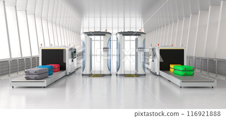 Airport security checkpoint with security gates and scanner machine 116921888