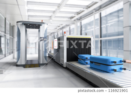 Airport security checkpoint with security gates and scanner machine Airport security checkpoint with security gates and scanner machine 116921901