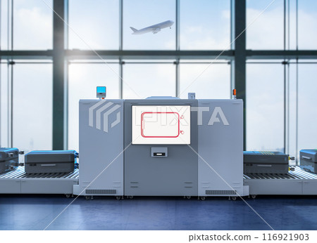 Luggage scanner machine is scanning luggage in airport Luggage scanner machine is scanning luggage in airport 116921903