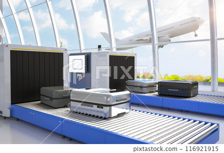 Luggage scanner machine is scanning luggage in airport Luggage scanner machine is scanning luggage in airport 116921915