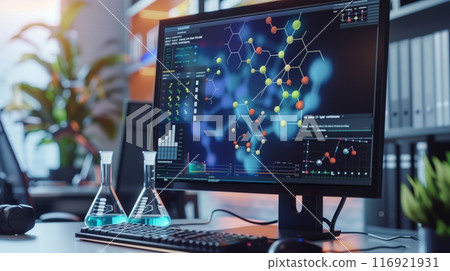 A computer screen shows a virtual chemistry set with dynamic models and animated reactions for visual learning. 116921931