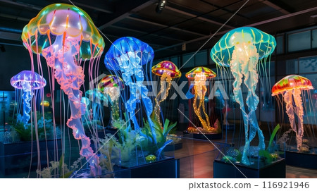 Explore an underwater-themed art exhibition with radiant jellyfish sculptures and marine wonders. 116921946
