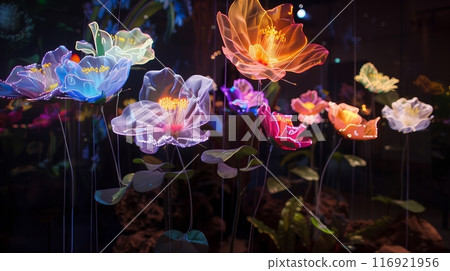 Mechanical flowers bloom in sync with music at an art exhibit, mesmerizing the audience with tech-art fusion. 116921956