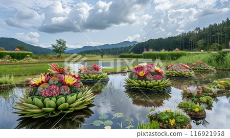 A serene field with towering floral arrangements promises a vibrant display for the upcoming flower festival. 116921958