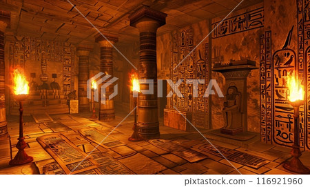 An ancient archive, lit by flickering torches, holds scrolls and artifacts revealing history's secrets. 116921960