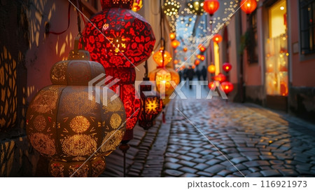 Cobblestone streets teem with paper lanterns for the upcoming festival, casting a warm, magical glow. 116921973