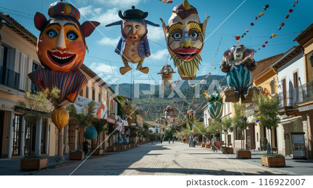 A peaceful town square decorated with giant puppets for a vibrant cultural puppetry festival. 116922007