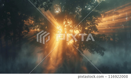 Sunrise in a foggy forest casts an ethereal glow as light beams break through the dense canopy. Sunrise in a foggy forest casts an ethereal glow as light beams break through the dense canopy. 116922008