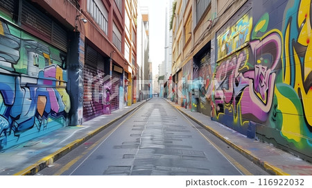 A once-deserted street, now vibrant with murals, celebrates creativity and community spirit. 116922032