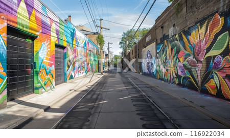 A deserted street with vibrant murals comes alive during the street art festival, showcasing creativity. 116922034