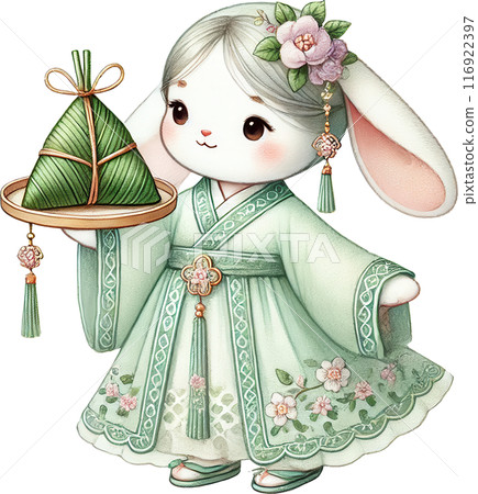 Mid Autumn festival, Cute Bunny in Traditional Attire Holding Zongzi 116922397