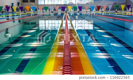 An Olympic swimming pool with rainbow lanes and shimmering reflections creates a captivating aquatic spectacle. 116922565