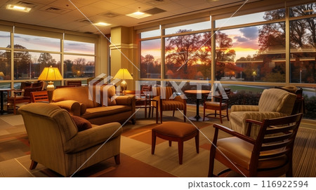 The cozy faculty lounge offers warm lighting, plush seating, and scenic campus garden views, fostering relaxation and conversation. The cozy faculty lounge offers warm lighting, plush seating, and scenic campus garden views, fostering relaxation and conversation. 116922594