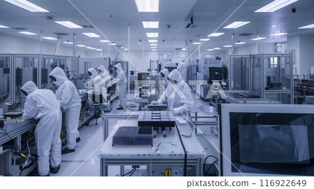 A pristine cleanroom for microelectronics features staff in bunny suits working with silicon wafers and machines. 116922649