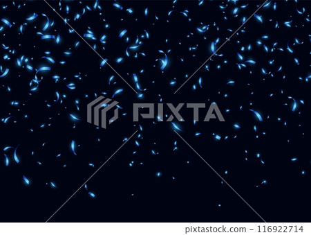 Blue confetti, falling paper ribbons isolated on dark background. Birthday party decoration. Blue confetti, falling paper ribbons isolated on dark background. Birthday party decoration. 116922714