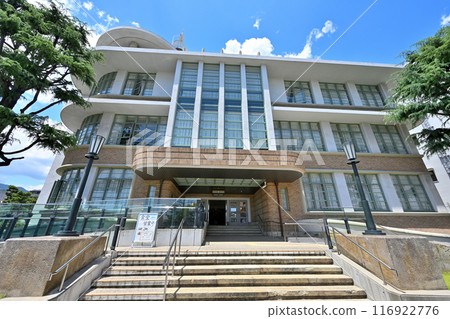 The Kobe Municipal Mikage Public Hall, a nationally registered tangible cultural property, on a clear day The Kobe Municipal Mikage Public Hall, a nationally registered tangible cultural property, on a clear day 116922776