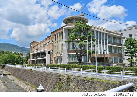The Kobe Municipal Mikage Public Hall, a nationally registered tangible cultural property, on a clear day The Kobe Municipal Mikage Public Hall, a nationally registered tangible cultural property, on a clear day 116922788