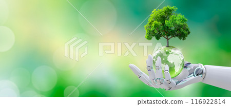 AI robot hand holds a globe crystal glass ball with a growing tree. The concept of the integration of technology and nature, sustainable development in the age of artificial intelligence. 116922814