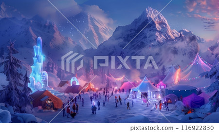 A mountain festival with snowy peaks, ice sculptures, vibrant tents, and enchanting lights creates magic. 116922830