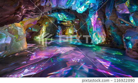 A dazzling gemstone fair in an iridescent cave refracts vibrant jewel tones, captivating visitors. 116922890