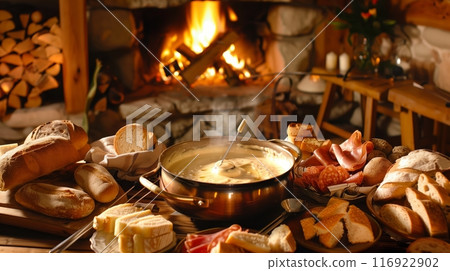 A cozy alpine cabin features bubbling fondue, assorted breads, charcuterie, and a roaring fireplace. 116922902