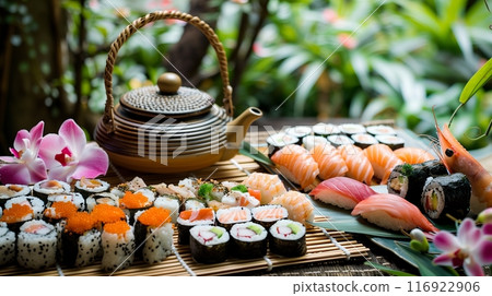 A Japanese tea house garden has sushi and sashimi on a bamboo mat, with plants and serene water features. 116922906