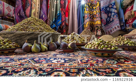 A bustling Turkish bazaar with rugs, olives, figs, and pistachios under vibrant, colorful fabrics. 116922916