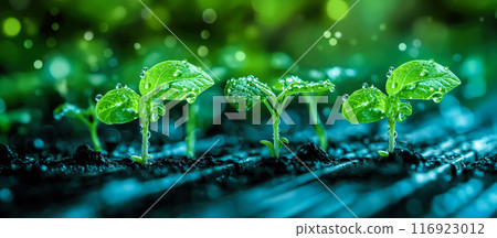 Plants grow on a circuit board. The concept of blending nature with technology for eco-friendly solutions. Generative AI. 116923012