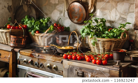 A charming Tuscan farmhouse kitchen with fresh tomatoes, basil, and simmering pasta sauce fills the air. 116923247