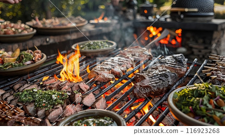 An Argentine barbecue sizzles with various meats and chimichurri, set in rustic decor and a festive vibe. 116923268