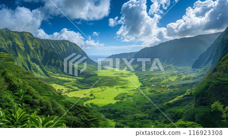 A lush valley between mountains rests under a sky filled with fluffy clouds, creating a serene landscape. A lush valley between mountains rests under a sky filled with fluffy clouds, creating a serene landscape. 116923308