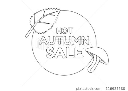 Black and white autumn sale design featuring a leaf and mushroom. Perfect for seasonal coloring activities and promotional materials. 116923388