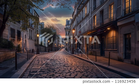 Paris's cobblestone streets at dawn, with iconic architecture and soft light, create a serene scene. 116923456