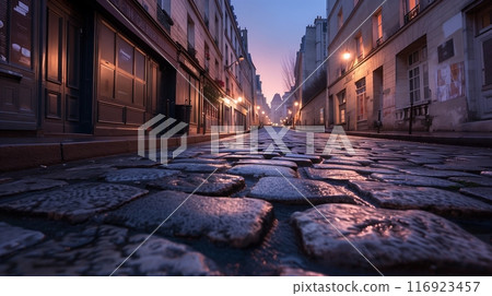 Paris's cobblestone streets at dawn come alive, bathed in soft light, highlighting iconic architecture. 116923457
