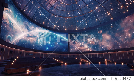 Celestial-themed film fest in observatory with star-lit dome; cosmic films on a large, curved screen. 116923477