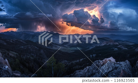 A mountain thunderstorm unfolds: dark clouds, lightning, and echoing thunder paint a dramatic scene. 116923505