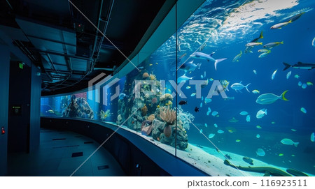 Marine biology research center with a massive aquarium and advanced underwater monitoring equipment. 116923511