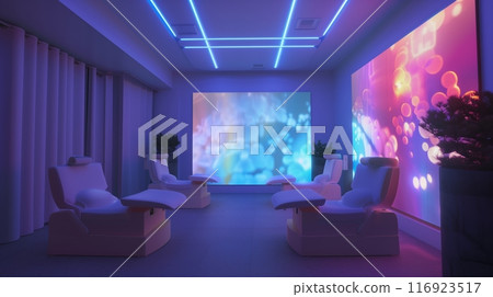 A tranquil, digital environment for psychological studies with virtual reality and soothing projections enhances focus and relaxation. 116923517