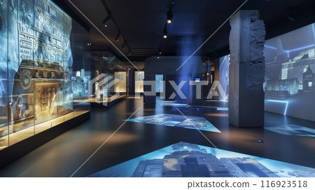 An expansive archaeology center features 3D models of ancient civilizations showcased via holographic projectors. 116923518