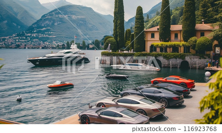 A serene lakeside car exhibition showcasing sleek yachts, luxury watercraft, and high-end automobiles. 116923768