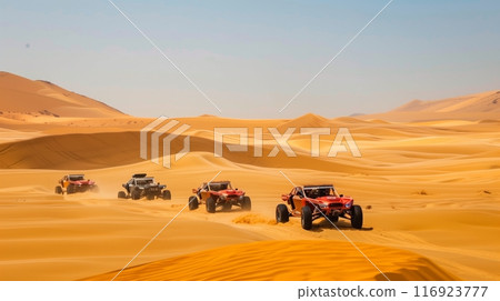 A desert-themed event with rugged all-terrain vehicles and dune buggies offers thrilling off-road fun. 116923777