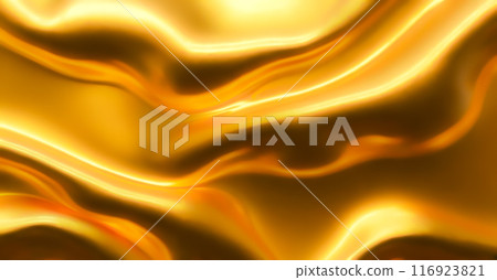 Abstract golden waves background, smooth flowing liquid texture, elegant dynamic motion design, luxury soft silk patterns, vibrant light reflections, fluid metallic surface 116923821