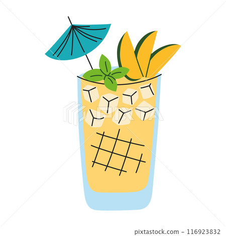 Colorful vector illustration of a refreshing mango mocktail with ice cubes, mint garnish, and a cocktail umbrella. Healthy refreshing summer drink for parties. Flat cartoon style, vibrant colors 116923832