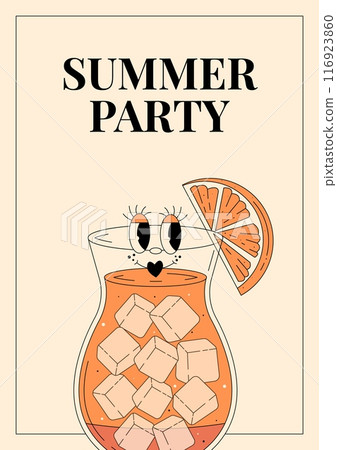 Groovy character sex on the beach. Retro poster Summer party with popular alcoholic beverage. Vintage vector illustration 70s, 80s style Groovy character sex on the beach. Retro poster Summer party with popular alcoholic beverage. Vintage vector illustration 70s, 80s style 116923860
