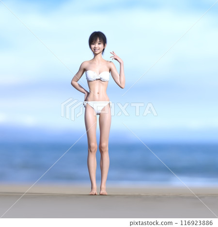 3DCG Woman in white swimsuit at the beach 3DCG Woman in white swimsuit at the beach 116923886