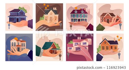 House in hand. Real estate buying. Home key. Rent or mortgage. Rental property. Loan money. Residential building sale. Mansion selling. Apartment financial value. Vector flat icons set House in hand. Real estate buying. Home key. Rent or mortgage. Rental property. Loan money. Residential building sale. Mansion selling. Apartment financial value. Vector flat icons set 116923943