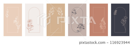 Flower frame. Line floral border, ornament decoration or minimal leaf pattern, simple art card, outline wreath. Social stories template. Web vertical banner. Cover or flyer vector background 116923944